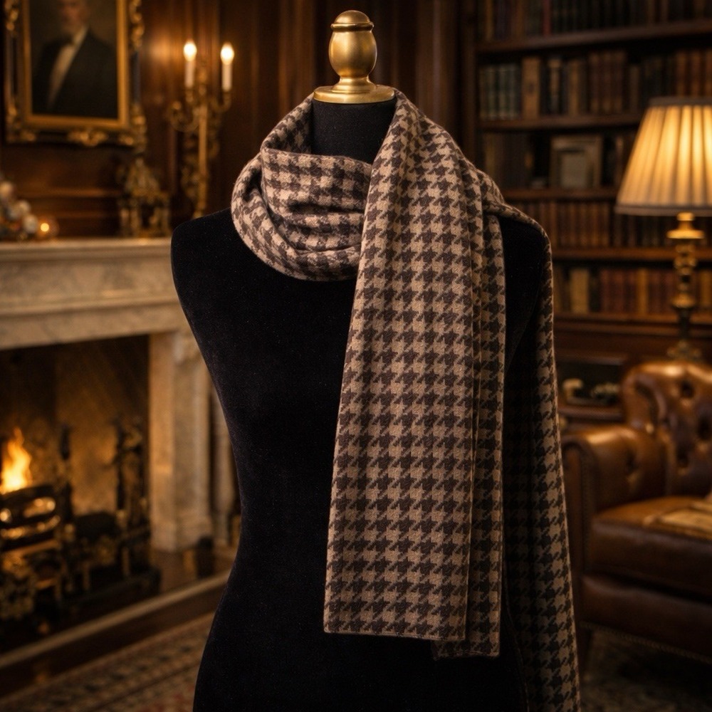 Brown Tan Houndstooth Scarf‎ Long Preppy Old Money